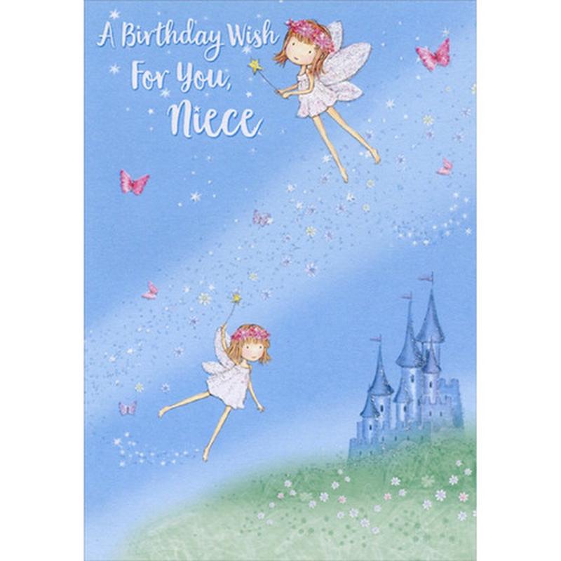 2 Flying Faries, Castle and Pink Butterflies Niece Birthday Card
