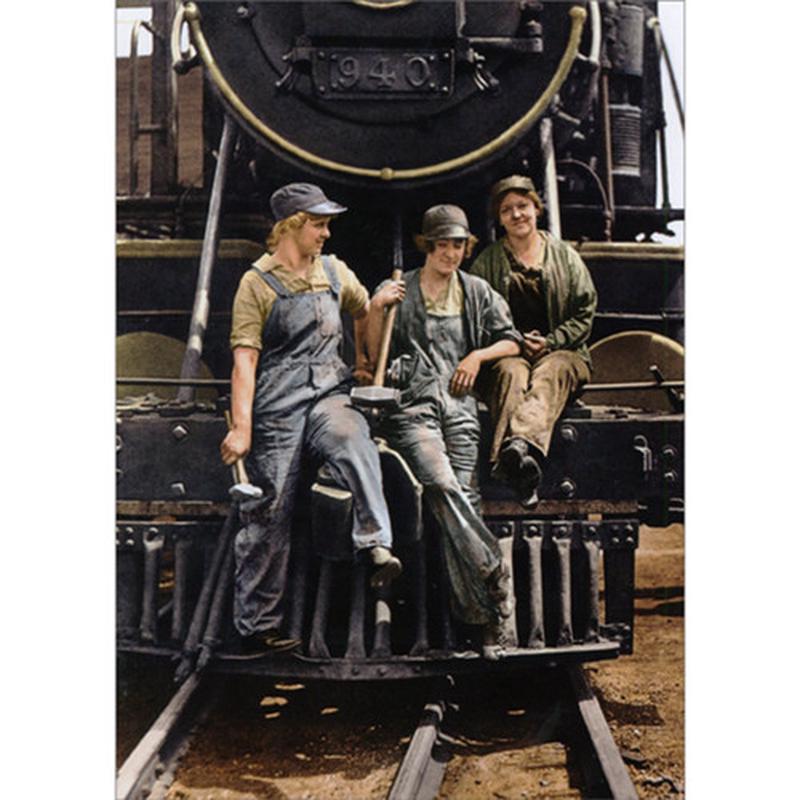3 Female Railroad Workers Sitting on Steam Engine America Collection Feminine Encouragement Card for Woman / Her