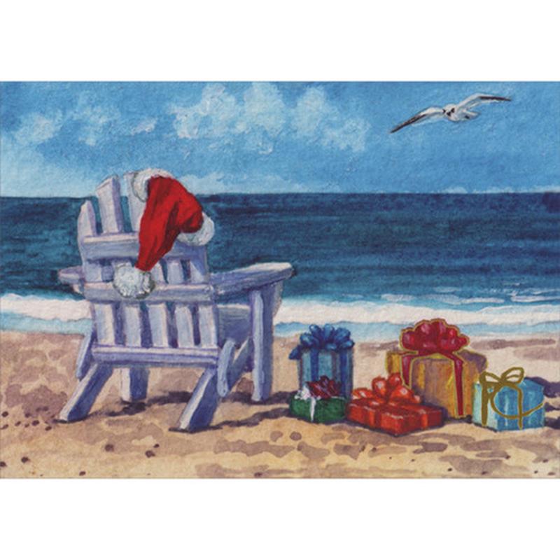 Adirondack Chair and Colorful Gifts on Beach Under Blue Sky Box of 15 Coastal Christmas Cards