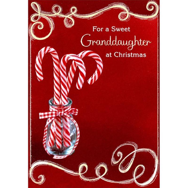 3 Candy Canes in Glass Jar Photograph on Dark Red Granddaughter Christmas Card