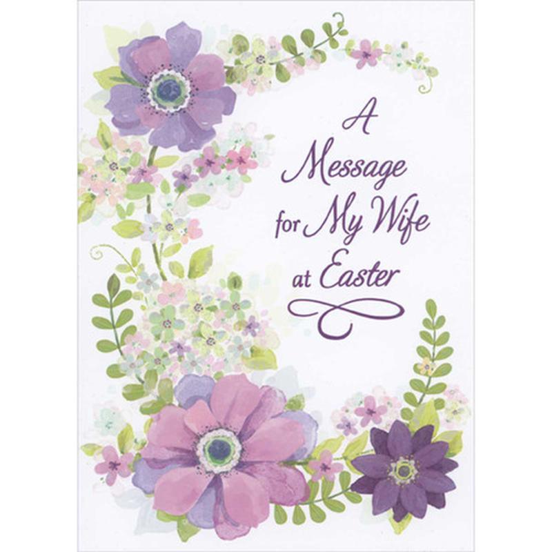 3 Large Purple and Pink Flowers on Curving C-Shaped Floral Vine Easter Card for Wife