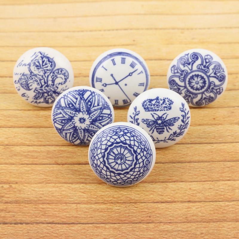 Set of 6 Handcrafted Blue Ceramic Knobs with Unique Designs - Blue Visions