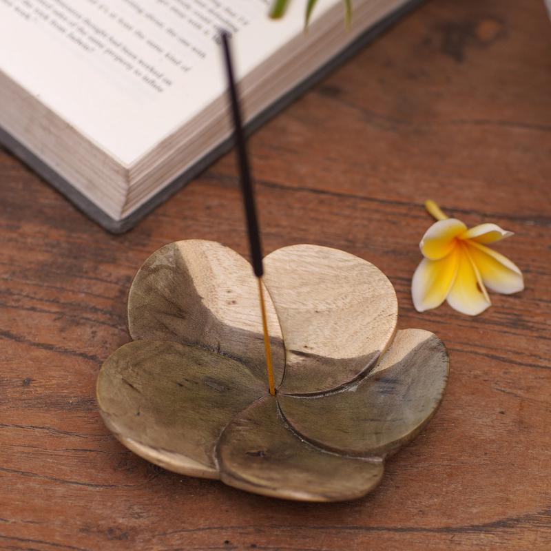 Hand-Carved Floral Wood Incense Holder from Bali - Blooming Peace