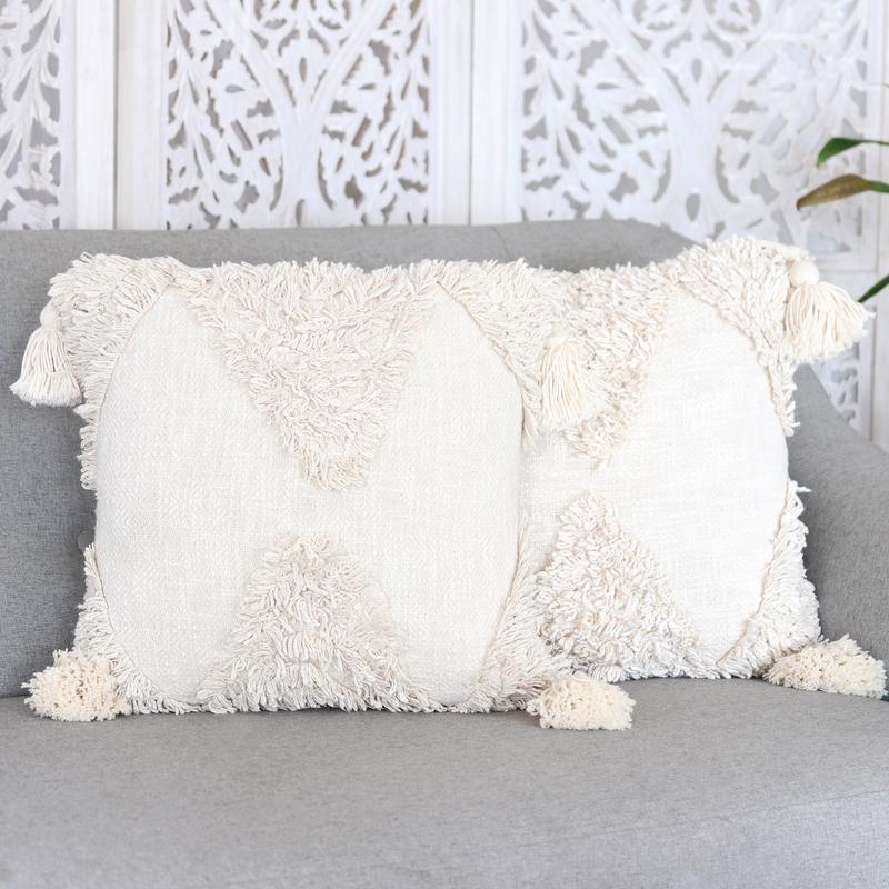 Pair of Embroidered Alabaster-Toned Cotton Cushion Covers - Alabaster Delight