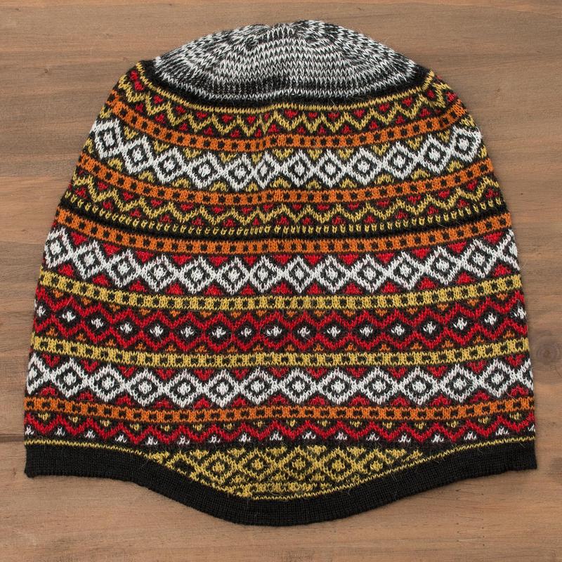 White and Multicolored Alpaca Blend Knit Hat from Peru - Bright Diamonds